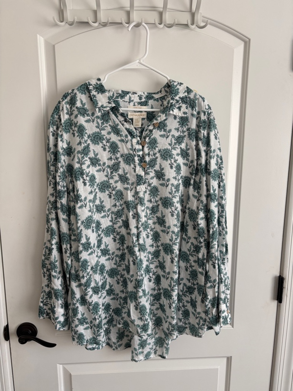 Cynthia Rowley 100% Linen Floral Blouse Women’s 3X Green & White Lightweight Top